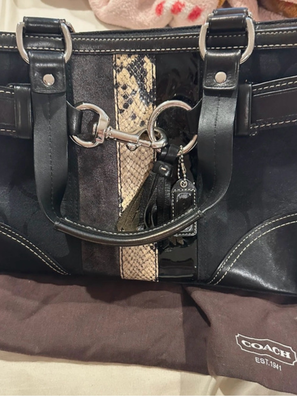 Coach Black Tote with Snakeskin-Accent Center Stripe vintage